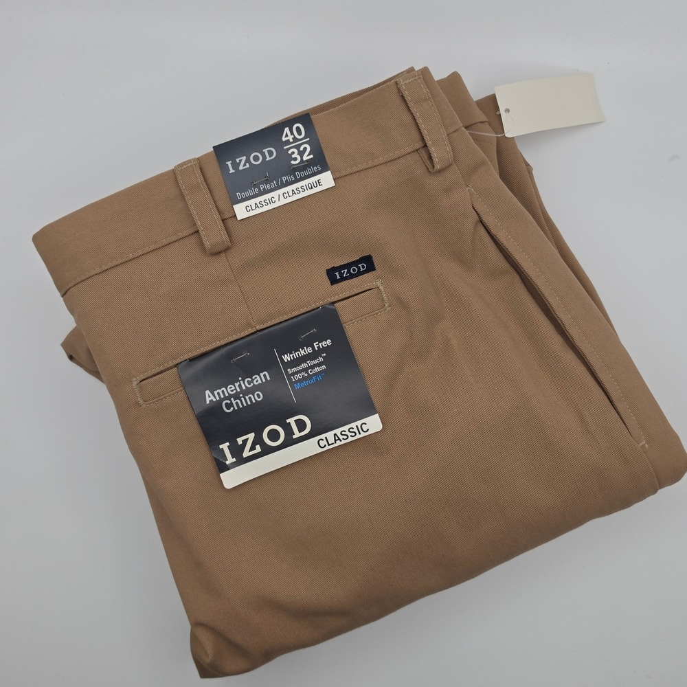 IZOD American Chino Pants Mens 40x32‎ Khaki NEW Double Pleat Classic Fit Cotton